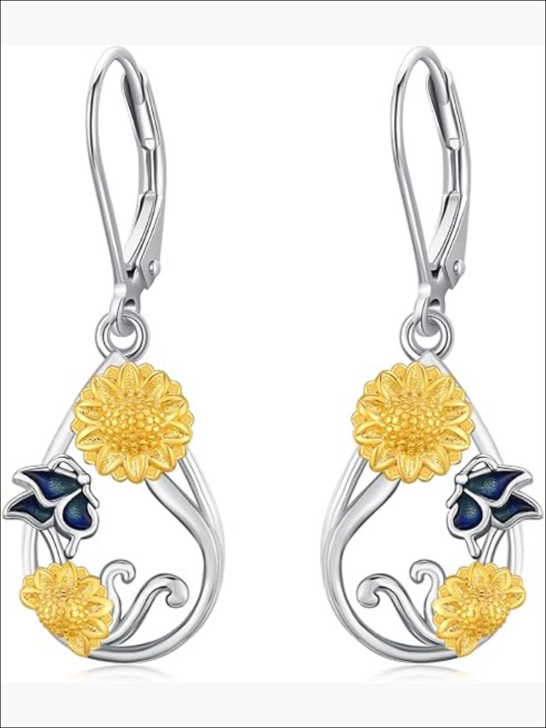 Sterling Silver Sunflower Butterfly Drop Earrings Leverback